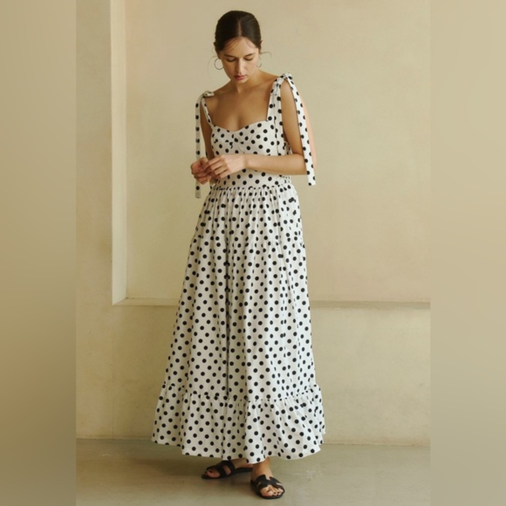 Polka Dot Tie-Shoulder Maxi Dress - White/Black